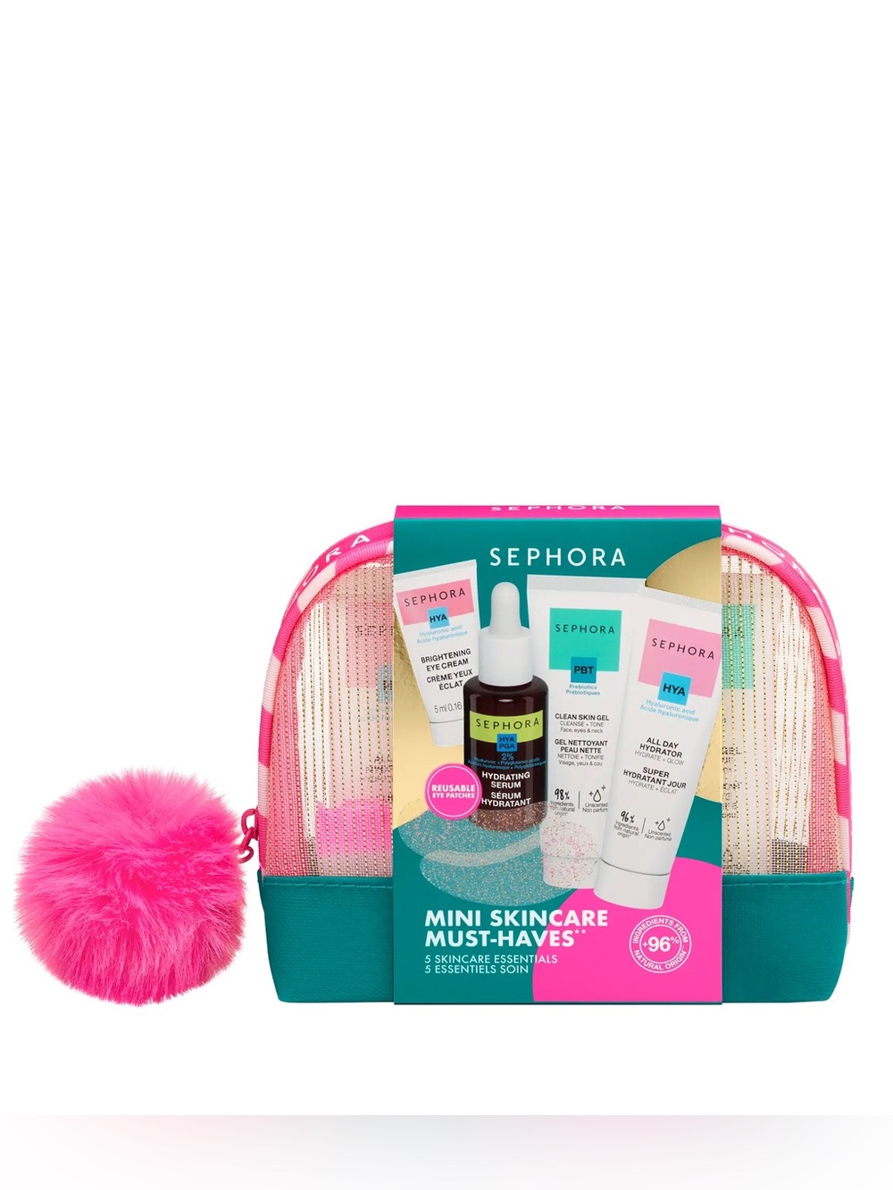 Sephora Mini Skincare Must-Haves Set with Pink Pom Pom Cosmetic Bag NEW